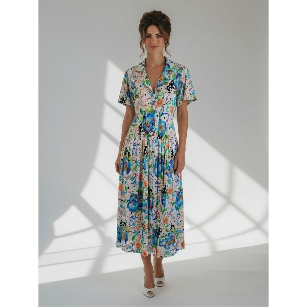 Leo Danal Vintage Belted Short Sleeve Button Down Celebration Dress